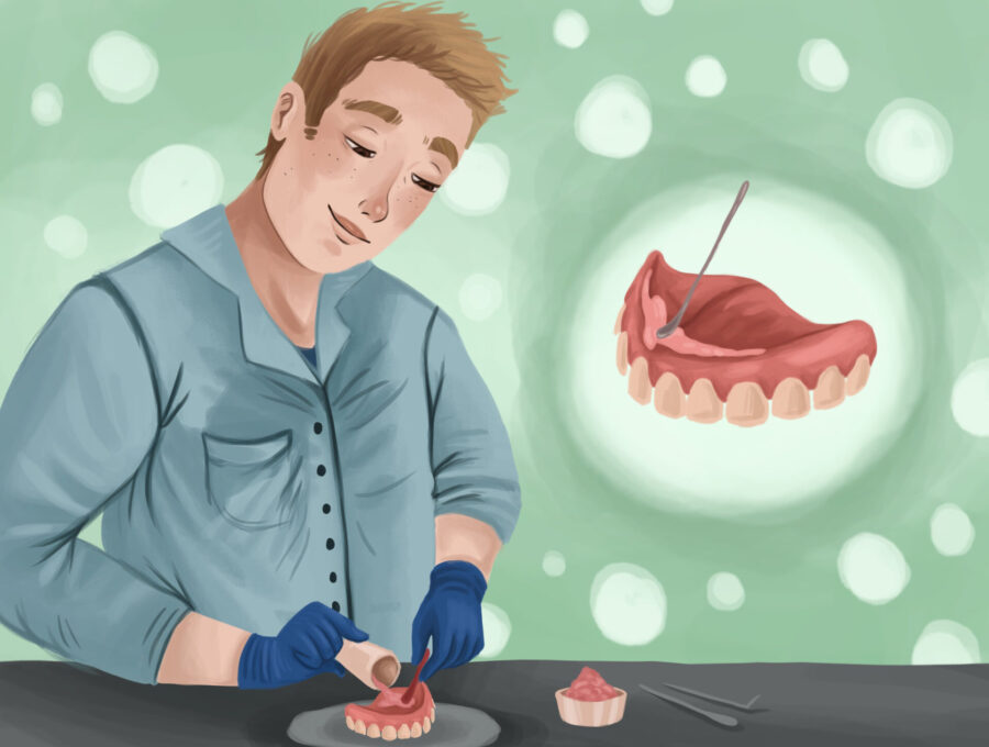 picture of dental lab worker relining a denture, denture challenges